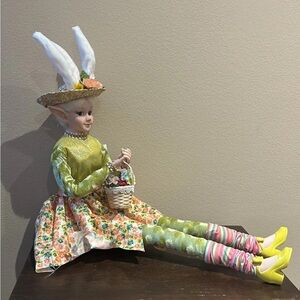 Cynthia Rowley Easter Girl Elf /Doll Holding Flower Basket 28”NWT Bunny Ears